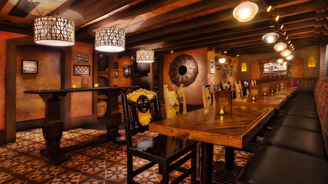 Panoramic view of dining tables, chairs and bench seats