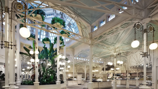 White latticework interior of the Crystal Palace buffet restaurant