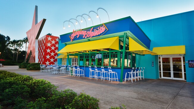 Angled panoramic view of Singing Spirits Pool Bar from farther away