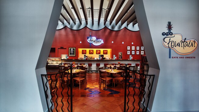 Entrance to The Fountain, a malt shop with a modern flair at Walt Disney World Dolphin Hotel 