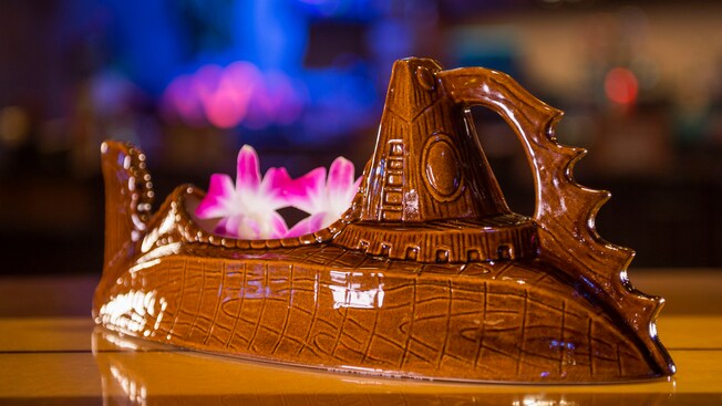 A Nautilus specialty cocktail from Trader Sam's Grog Grotto is served in a souvenir Nautilus