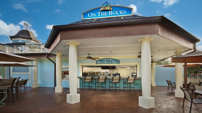 Columns at entrance of On the Rocks pool bar at Disney's Saratoga Springs Resort & Spa