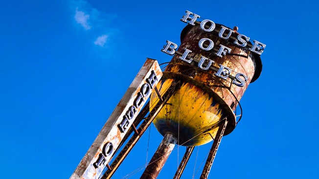 View skyward of the House of Blues sign