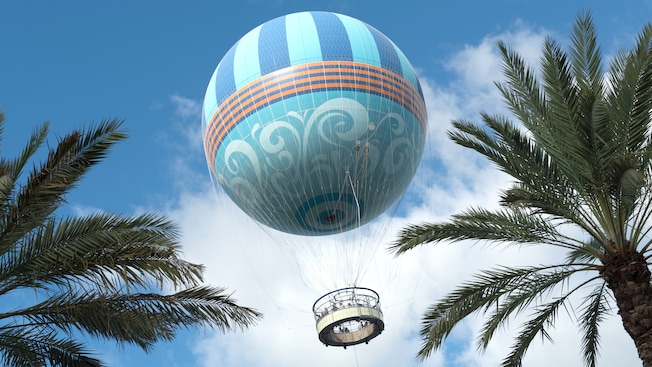 The world’s largest tethered helium balloon flying above Disney Springs at Walt Disney World Resort