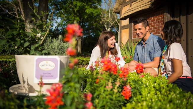 Two female Guests and their male companion enjoy an Epcot International Flower & Garden Festival tour