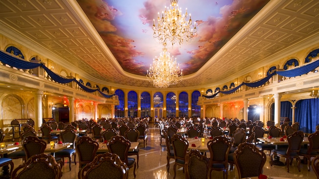 Interior of the grand Ballroom at Be Our Guest restaurant in New Fantasyland at Magic Kingdom park