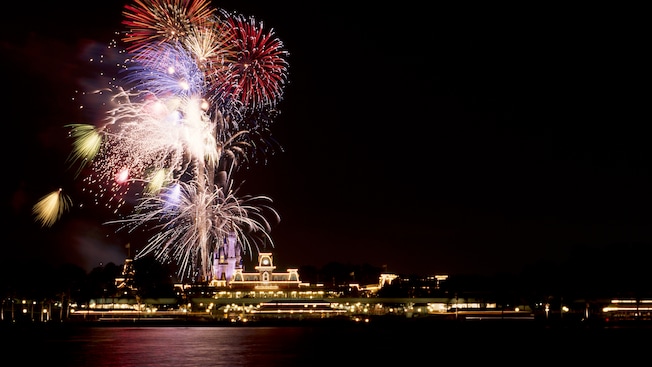Fireworks light up the night over the Seven Seas Lagoon at Walt Disney World Resort