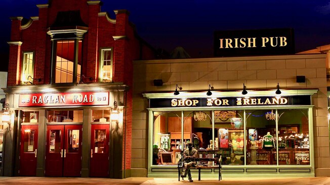 Exterior of Shop for Ireland illuminated at night