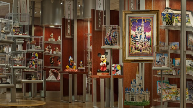 Collectibles on display inside The Art of Disney at Downtown Disney Marketplace