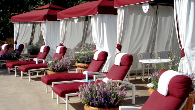 Padded lounge chairs topped with towels and potted planters of wildflowers lining a trio of cabanas