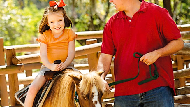 A little girl enjoying a pony ride as her father holds the reigns