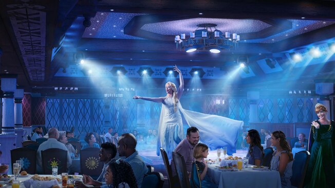 Princesa Elsa se apresentando no centro de um clube de jantar
