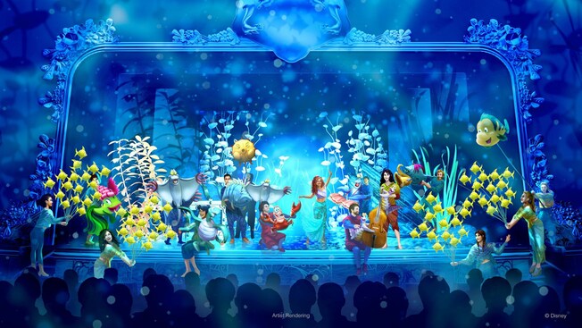Una interpretación en el escenario de Under the Sea de la producción teatral de The Little Mermaid en Disney Wish