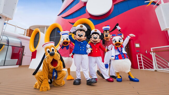 Pluto, Donald Duck, Mickey Mouse, Minnie Mouse, Goofy and Daisy Duck, dressed as sailors and captains on a Disney Cruise Line ship's upper deck