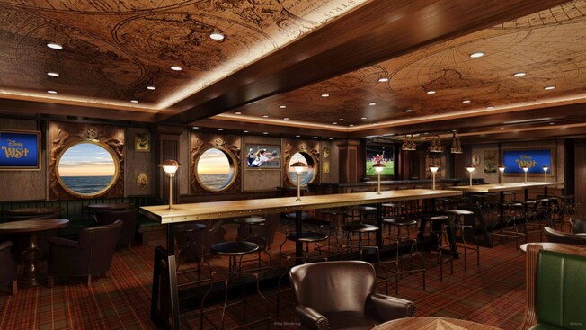 Dentro de Keg and Compass, un bar con temática marina en el Disney Wish, cuenta con una decoración náutica del mundo antiguo