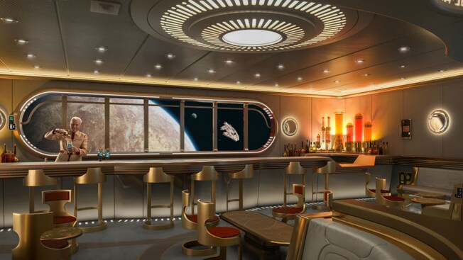 A bartender pouring a drink in a futuristic bar with a large viewing window to a nearby planet