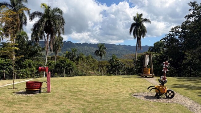 A well manicured lawn with a rock path and decorations on a coffee plantation in Puerto Plata, Dominican Republic