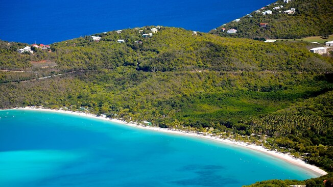 The sandy beach and lush vegetation of Magens Bay in Saint Thomas
