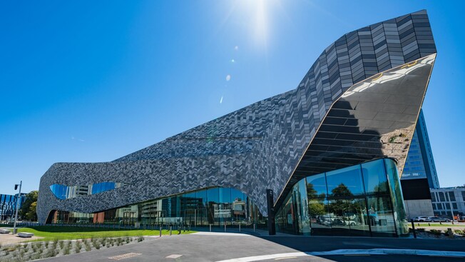 The exterior of Te Pae Christchurch Convention Centre in Christchurch, New Zealand