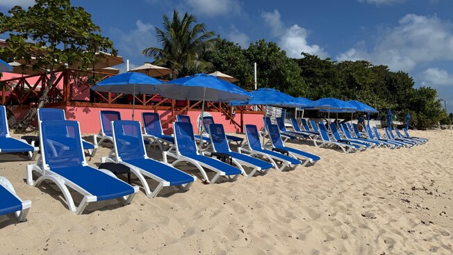 Loungers and umbrellas on the beach at Mollie’s Beach Club