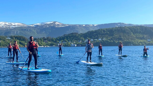 Hóspedes em pranchas de stand-up paddle nas águas perto de Alesund, Noruega