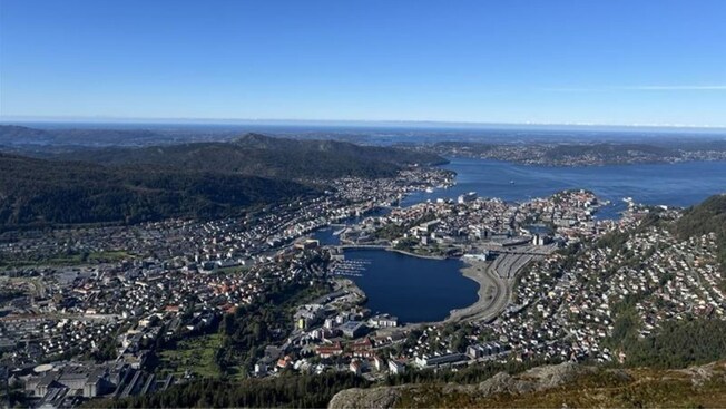 The harbor, city center and surrounding fjords of Bergen, Norway