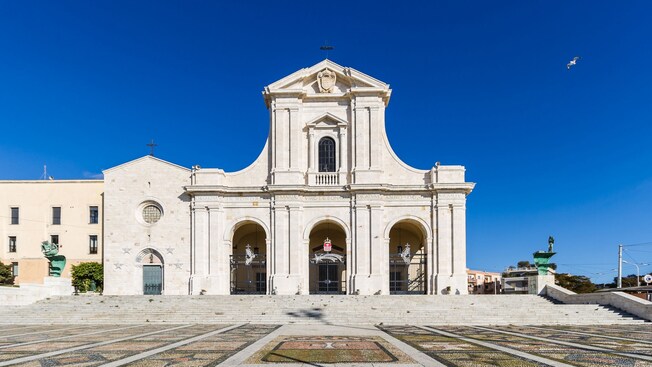 The Cathedral of Cagliari with ornate stone facade and architectural details in Cagliari, Italy