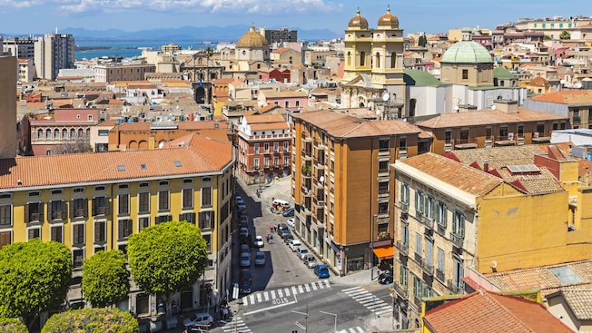 The cityscape of Cagliari with historic buildings and palm trees lining the streets The cityscape of Cagliari with historic buildings and palm trees lining the streets