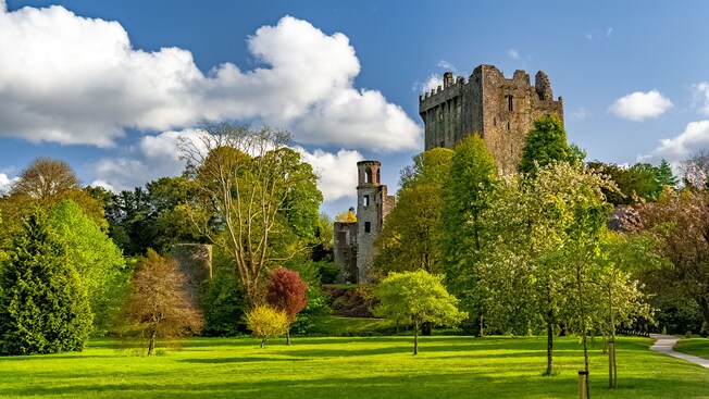 Blarney Castle rising above lush gardens and trees on the castle grounds in Ireland
