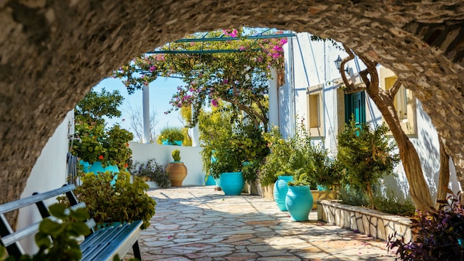 Un arco de piedra que enmarca un patio con buganvilla y plantas en macetas Un arco de piedra que enmarca un patio con buganvilla y plantas en macetas