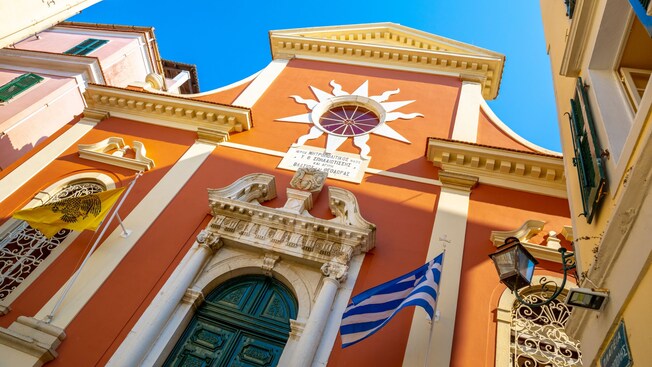 Main facade of the Metropolitan Cathedral of Panagia Spilaiotissa in Corfu, Greece