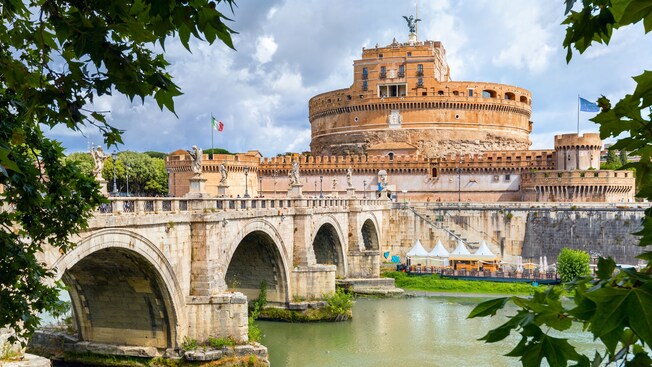 The Castel Sant Angelo next to Ponte Sant Angelo in Rome, Italy