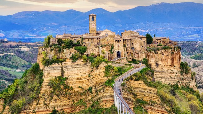 The city of Civita di Bagnoregio perched atop a mountain in Italy
