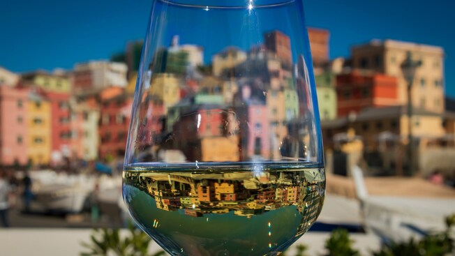 A glass of wine with the reflection of seaside buildings through the glass