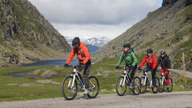 Four cyclists riding e bikes through a mountainous landscape in Haugesund Four cyclists riding e bikes through a mountainous landscape in Haugesund