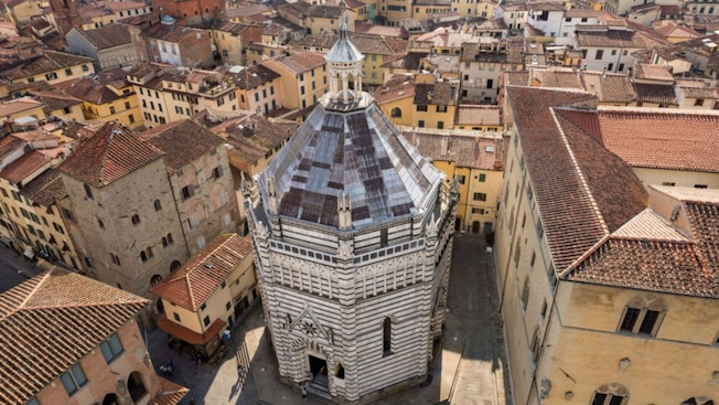 An aerial view of Pistoia, Italy including the San Giovanni in Corte Baptistery