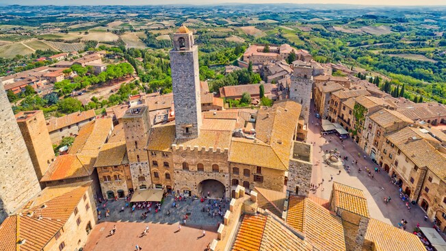 Panoramic view of San Gimignano and its surroundings in Tuscany, Italy