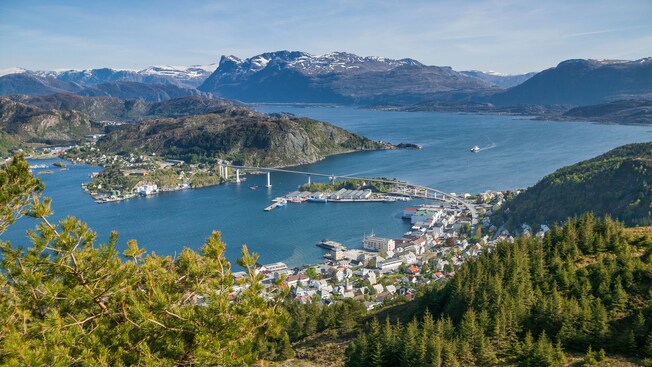 A coastal town with a bridge crossing the water, surrounded by forested hills and mountains