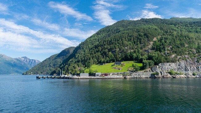 A Norwegian fjord with lush, forested mountains and a dock near the shore