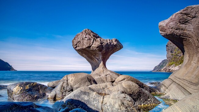 A large boulder on a rocky shoreline near the ocean