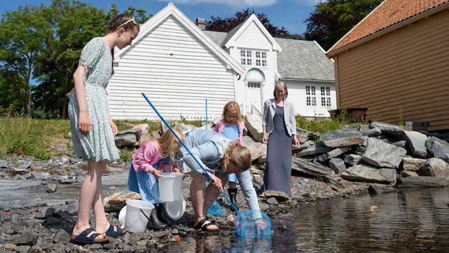 A family uses scoop nets to fish at a small pond outside Vagsberget Museum A family uses scoop nets to fish at a small pond outside Vagsberget Museum