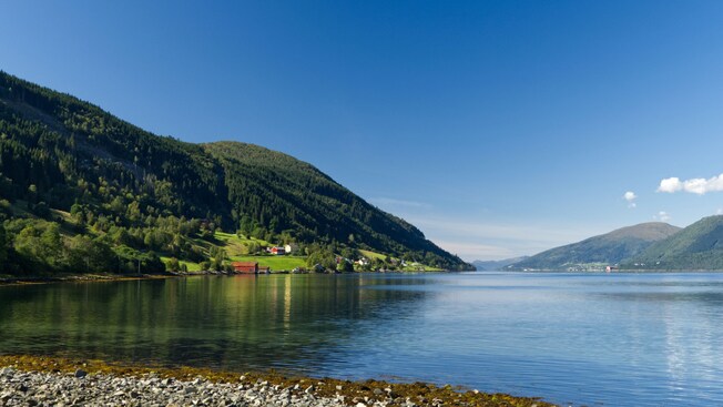 The shoreline and wooded mountains surrounding Nordfjord, Norway