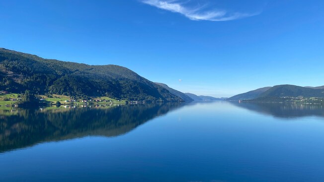Panoramic view of Nordfjord surrounded by mountains