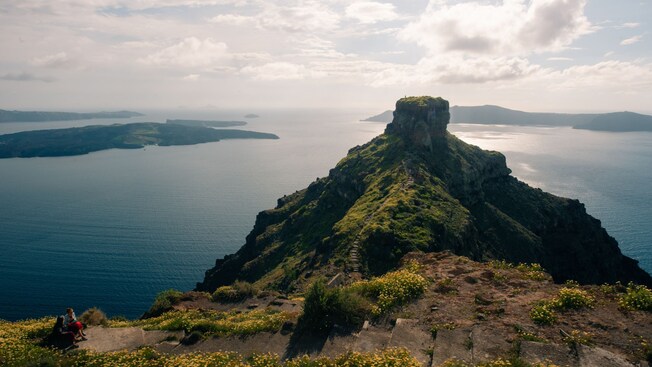 Skaros Rock perched on a cliff on the island of Santorini, Greece