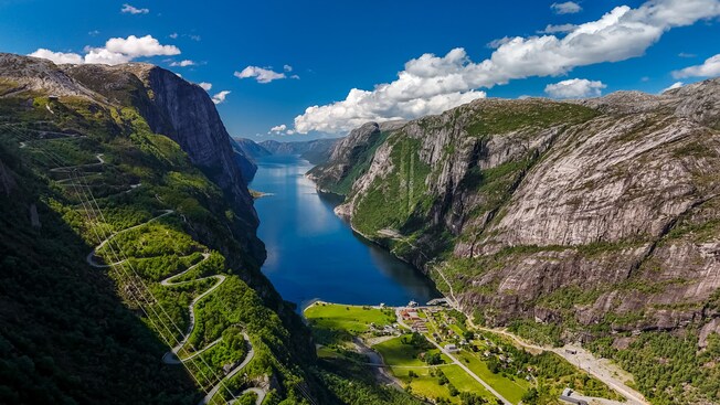 A fjord surrounded by steep mountain cliffs