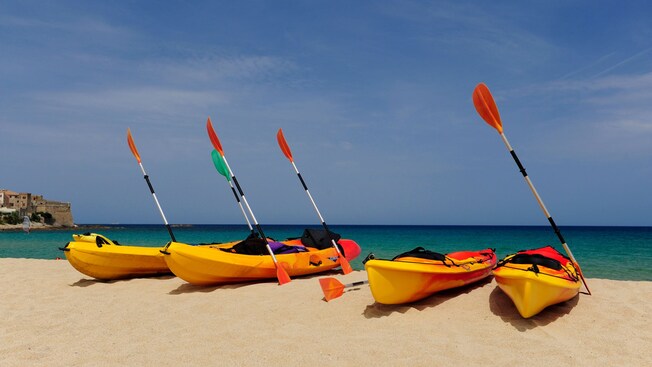 Kayaks and paddles on a beach