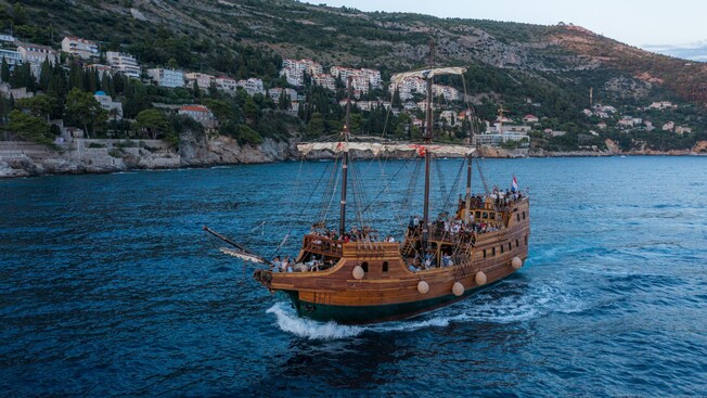 A galleon ship sailing along the coast near Dubrovnik, Croatia