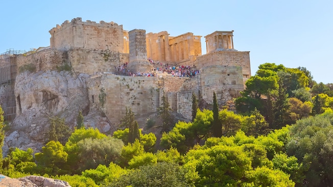 The ancient stone ruins of the Acropolis rising above a dense green forest