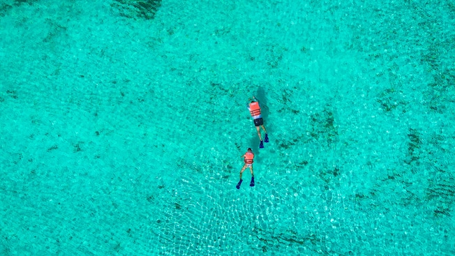 2 snorkelers in the water at Kuza Beach Park in Cozumel, Mexico 2 snorkelers in the water at Kuza Beach Park in Cozumel, Mexico