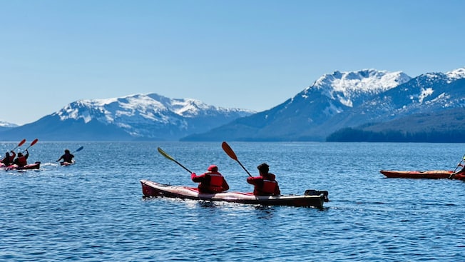 Six Guests paddling on kayaks at Hoonah in Icy Strait, Alaska Six Guests paddling on kayaks at Hoonah in Icy Strait, Alaska
